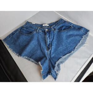 Almost Famous, blue jean, booty shorts, size 13, med-wash, 5-pocket, raw edge
